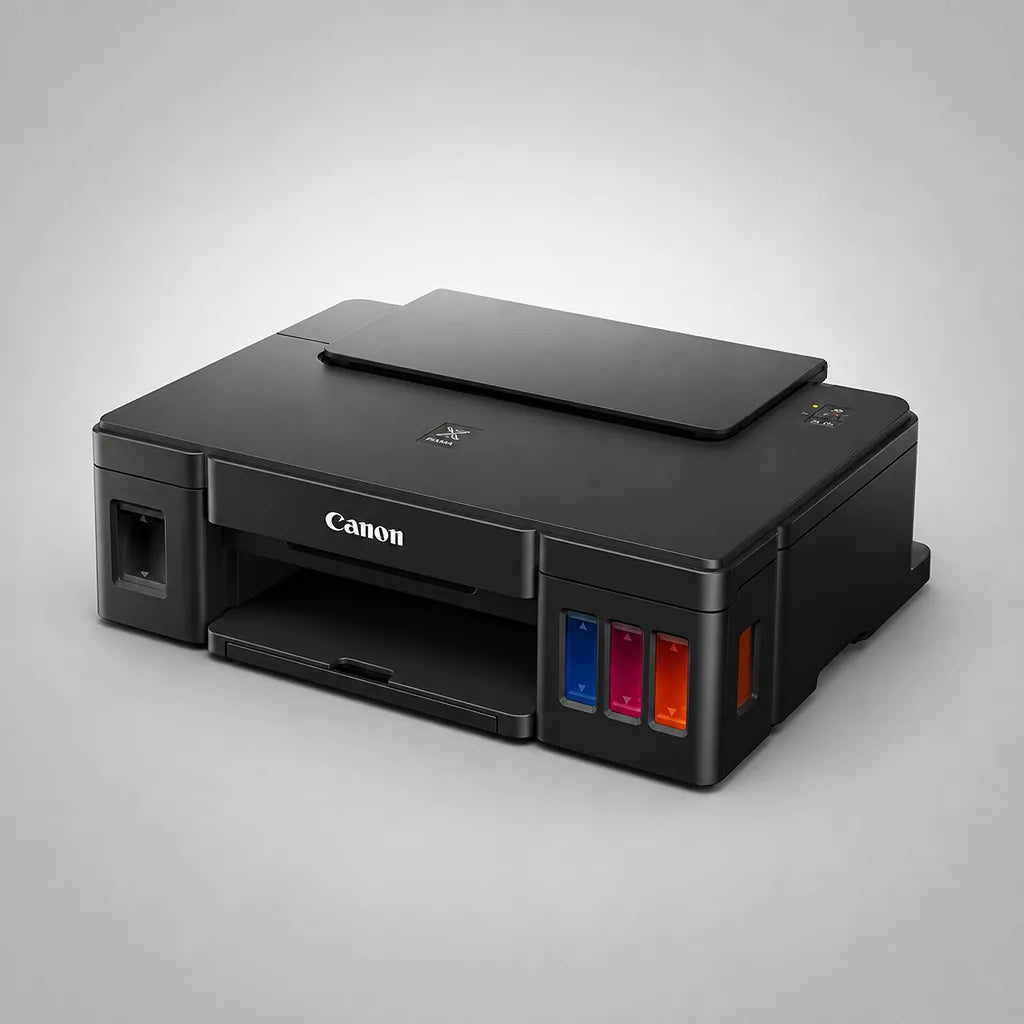 Canon PIXMA G1010 ink tank color printer angled front view showing integrated color ink tanks -tpstech.in