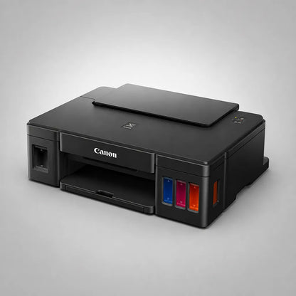 Canon PIXMA G1010 ink tank color printer angled front view showing integrated color ink tanks -tpstech.in
