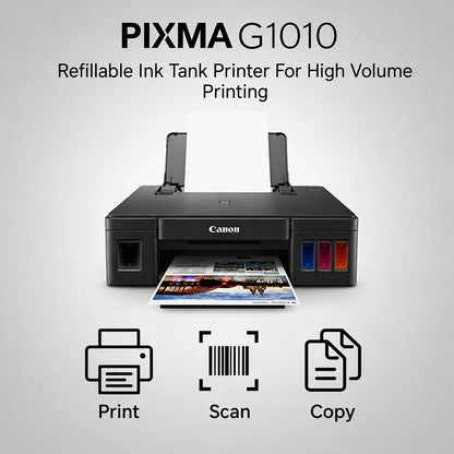 Canon PIXMA G1010 refillable ink tank printer feature graphic showing printer and print scan copy icons -tpstech.in