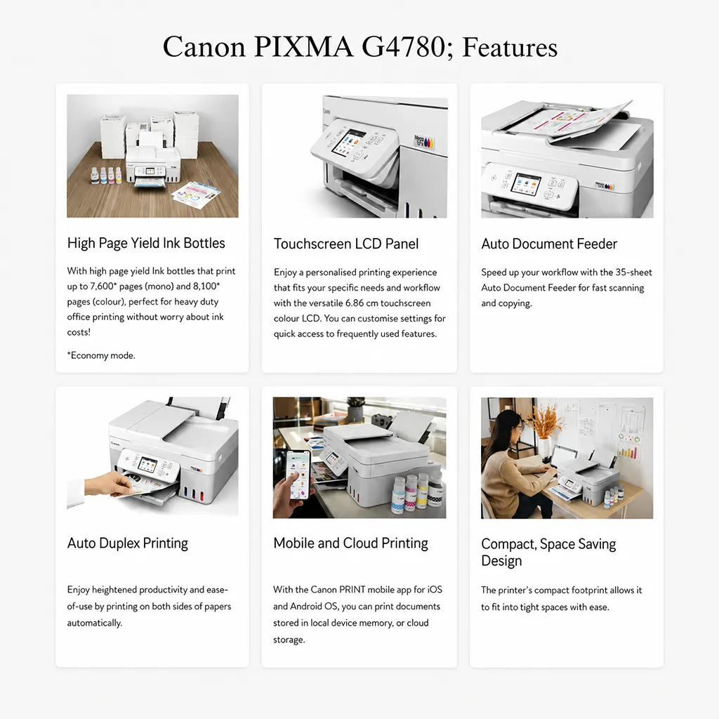 Canon PIXMA G4780 ink tank printer features including high page yield touchscreen ADF auto duplex and mobile printing -tpstech.in