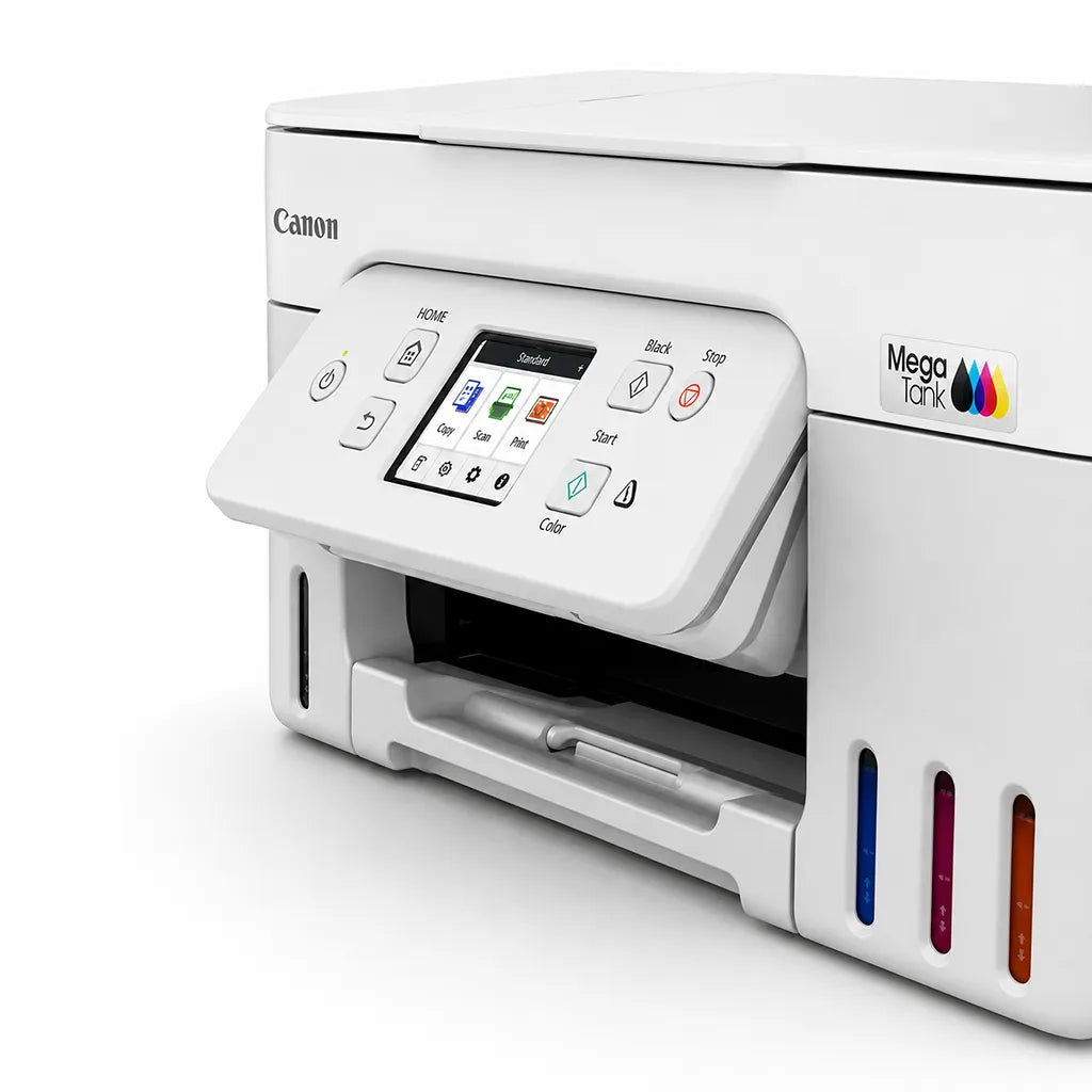 Canon PIXMA G4780 MegaTank printer close-up showing touchscreen control panel output tray and ink tank indicators -tpstech.in