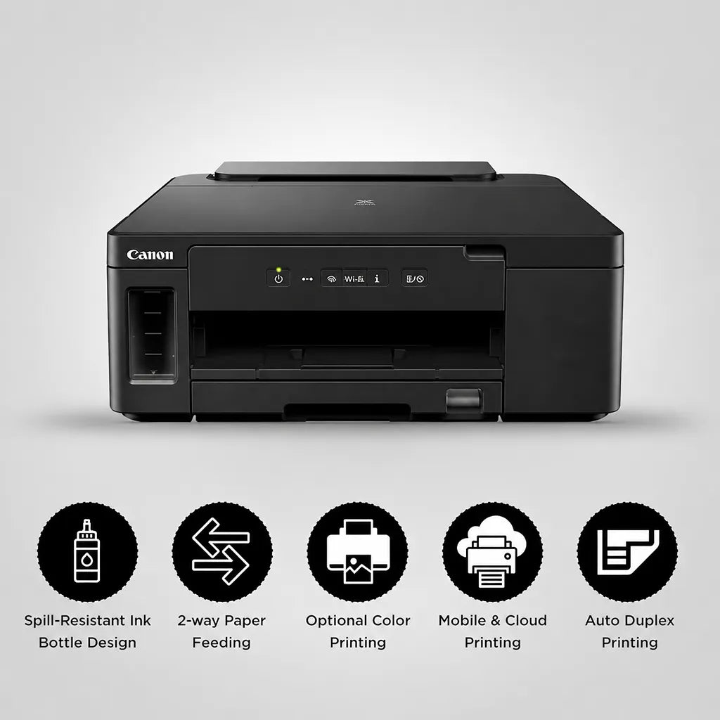 Canon PIXMA GM2070 printer with spill-resistant ink bottles, two-way paper feeding, optional colour printing and auto duplex printing -tpstech.in
