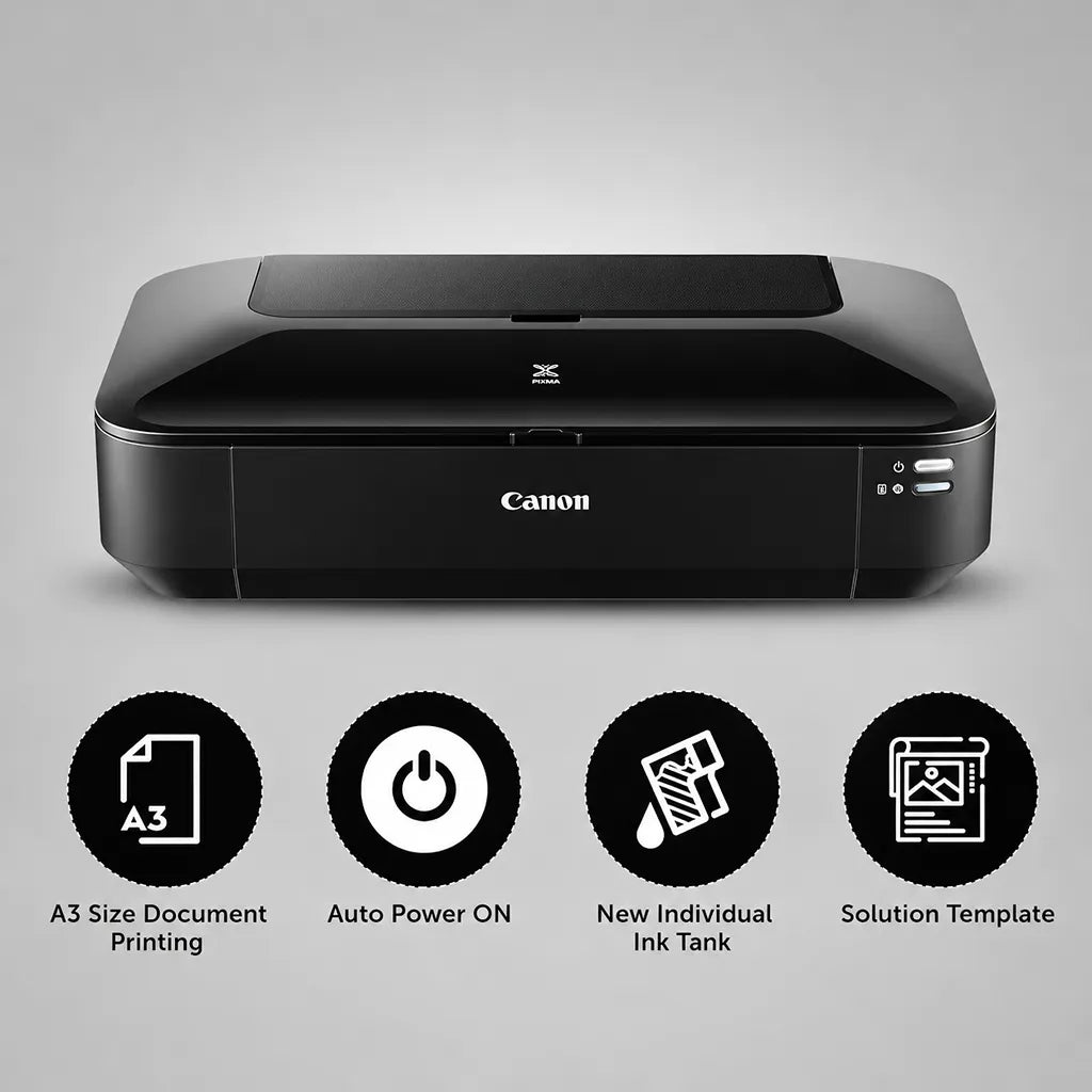 Canon PIXMA iX6770 A3 printer showing individual ink tank, auto power ON and A3 printing features -tpstech.in