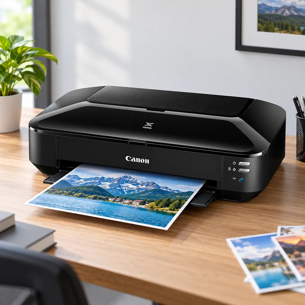 Canon PIXMA iX6870 A3+ Inkjet Printer on office desk printing a vibrant high-resolution landscape photo -tpstech.in