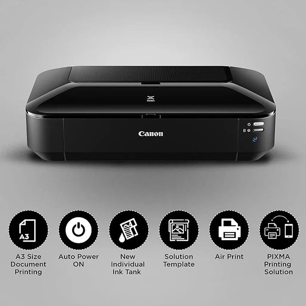 Canon PIXMA iX6870 A3+ Inkjet Printer front view showing key features including individual ink tanks and wireless mobile printing -tpstech.in