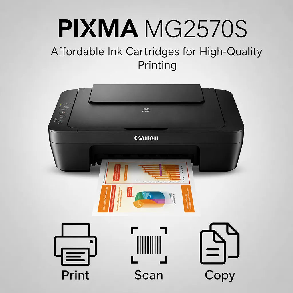 Canon PIXMA MG2570S colour inkjet printer shown with printed document and multifunction features -tpstech.in
