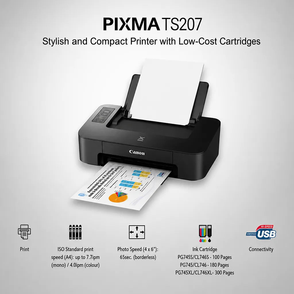 Canon PIXMA TS207 printer with 7.7 ipm mono 4.0 ipm colour speed PG745S CL746S cartridges and USB connectivity tpstech.in