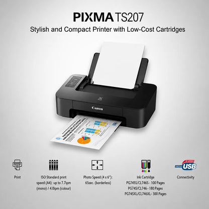 Canon PIXMA TS207 printer with 7.7 ipm mono 4.0 ipm colour speed PG745S CL746S cartridges and USB connectivity tpstech.in