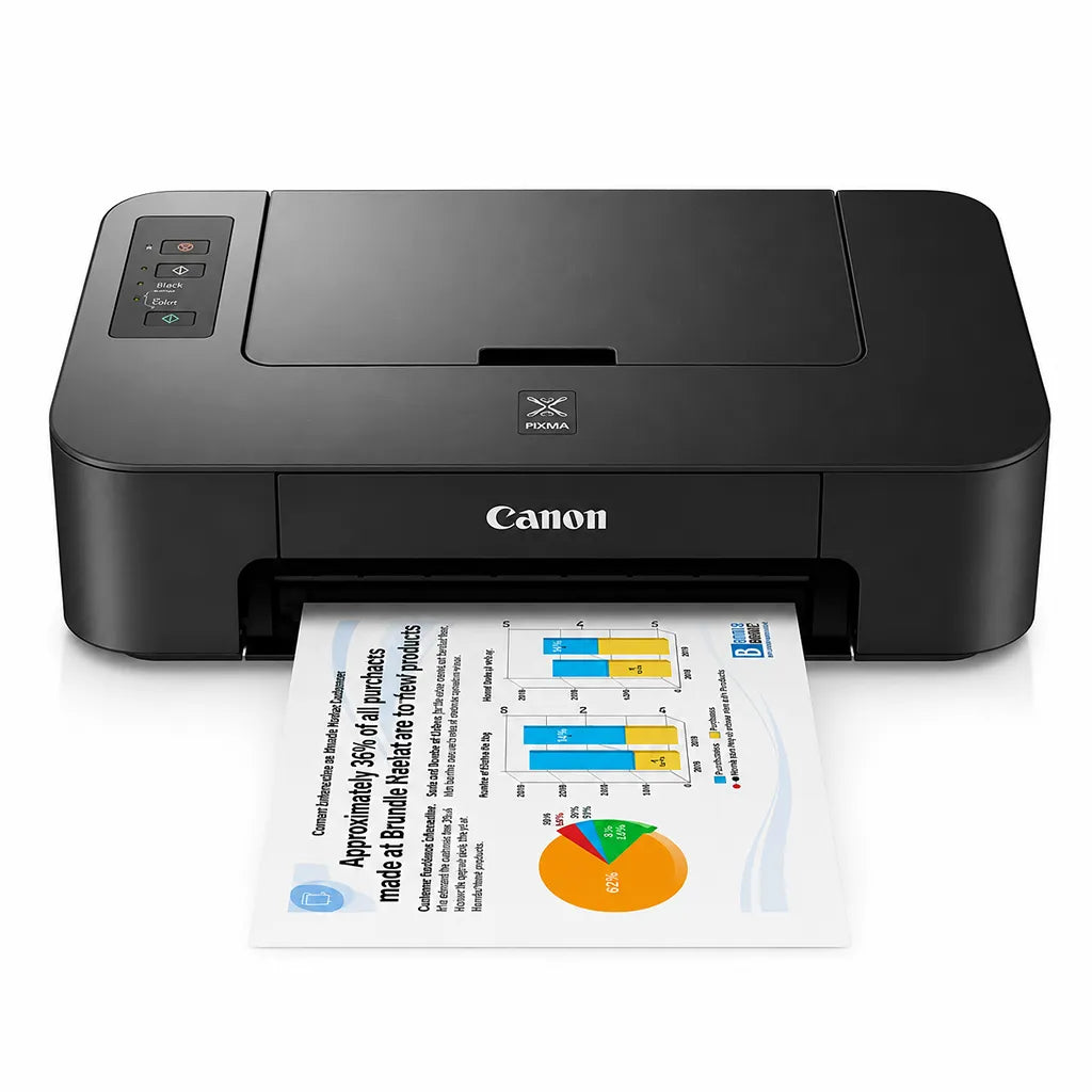 Canon PIXMA TS207 single function colour inkjet printer front view with printed document tpstech.in