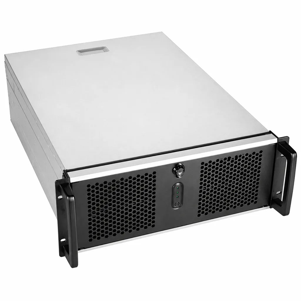 Chenbro RM41300 4U High Performance Industrial Server Chassis with E-ATX front right angle view showcasing durable rackmount design and front ventilation grille -tpstech.in