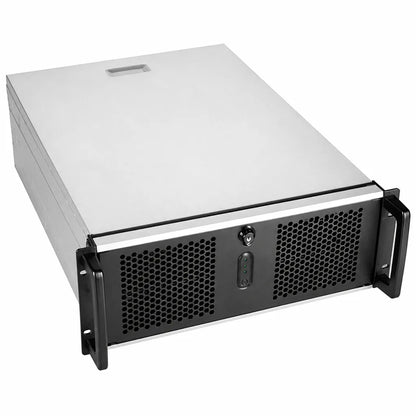 Chenbro RM41300 4U High Performance Industrial Server Chassis with E-ATX front right angle view showcasing durable rackmount design and front ventilation grille -tpstech.in