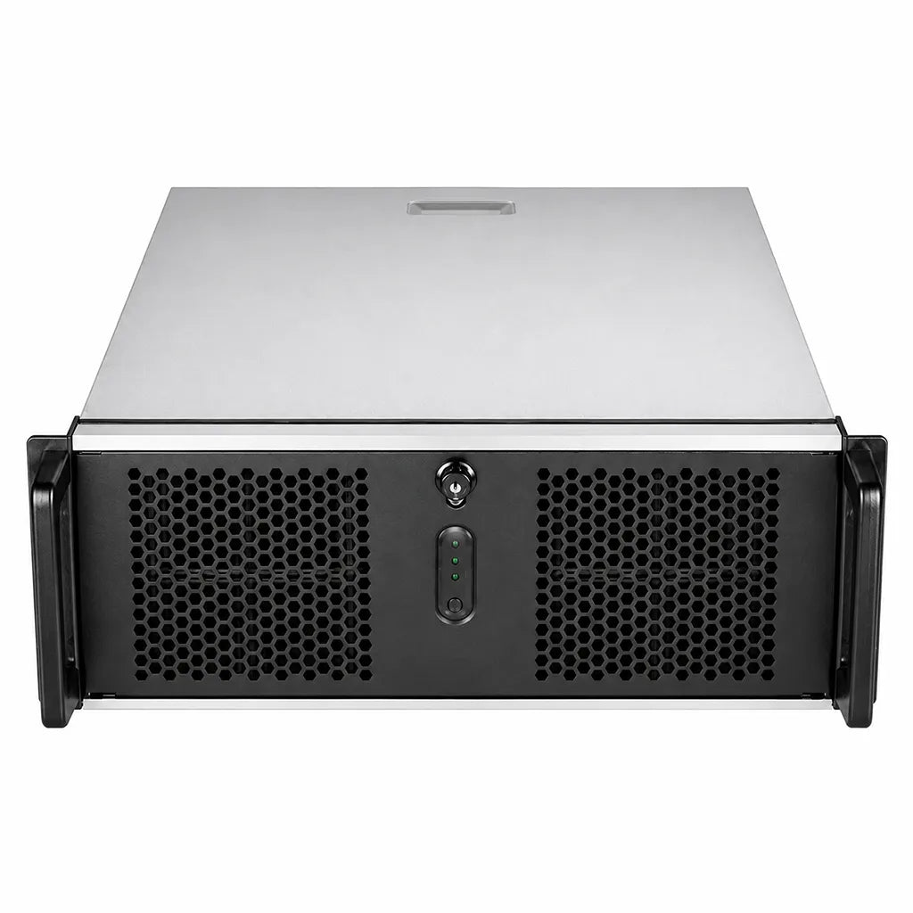 Chenbro RM41300 4U High Performance Industrial Server Chassis with E-ATX straight front view featuring lockable front panel, LED indicators, and heavy-duty rack handles -tpstech.in