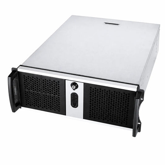 Chenbro RM42300 4U rackmount server chassis front left angle view with lockable front panel and dual USB ports for ATX server builds -tpstech.in
