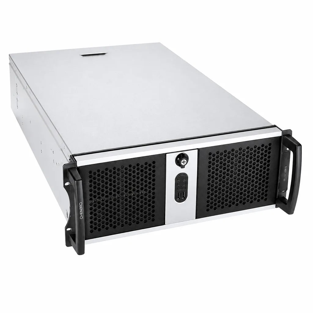 Chenbro RM42300 4U rackmount server chassis angled front perspective highlighting industrial design and airflow optimized front panel -tpstech.in
