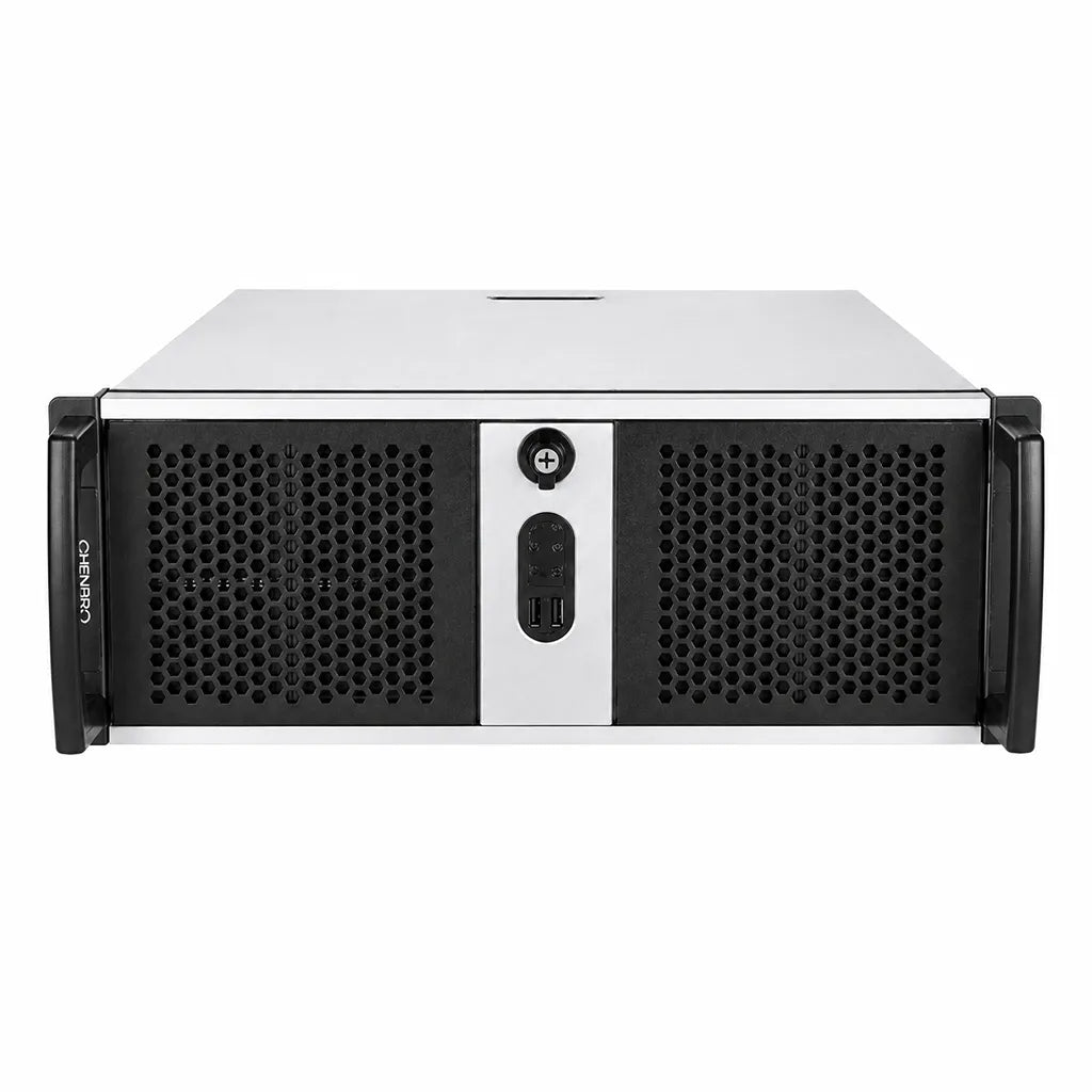 Chenbro RM42300 4U rackmount server chassis straight front view with lockable bezel, ventilation grille and front USB ports -tpstech.in