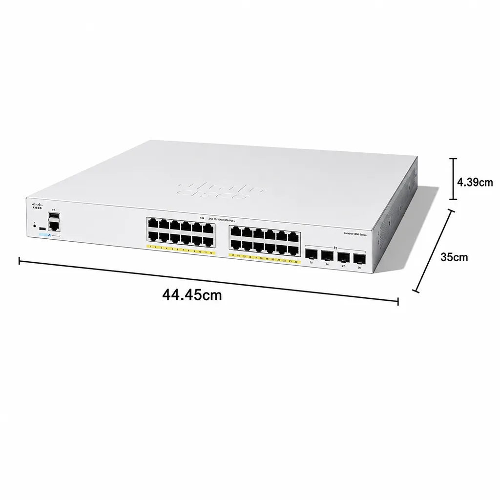 Cisco C1300-24FP-4X 24-Port Full PoE Gigabit Managed Switch with product dimensions 44.45cm x 35cm x 4.39cm and 4x 10G SFP+ uplinks -tpstech.in