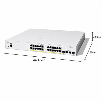 Cisco C1300-24FP-4X 24-Port Full PoE Gigabit Managed Switch with product dimensions 44.45cm x 35cm x 4.39cm and 4x 10G SFP+ uplinks -tpstech.in