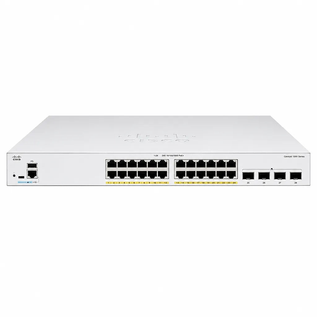 Cisco C1300-24FP-4X 24-Port Full PoE Gigabit Managed Switch straight front view showing 24 PoE ports and 4x 10G SFP+ uplinks -tpstech.in