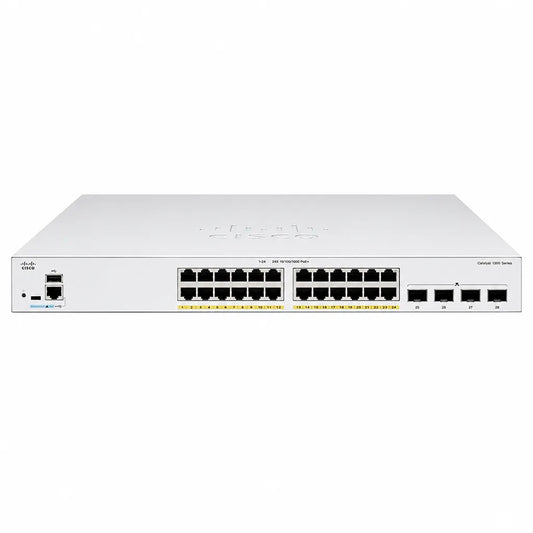 Cisco C1300-24FP-4X 24-Port Full PoE Gigabit Managed Switch straight front view showing 24 PoE ports and 4x 10G SFP+ uplinks -tpstech.in