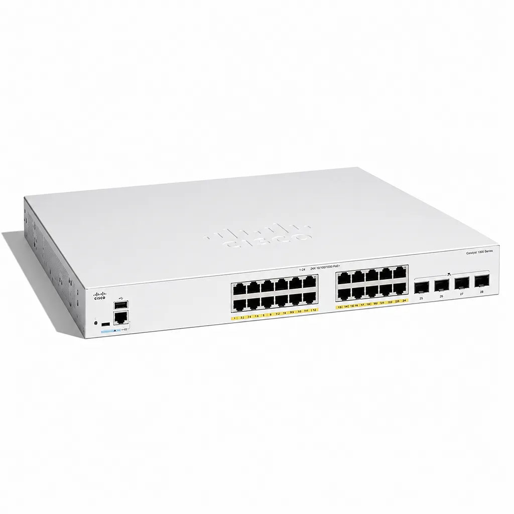 Cisco C1300-24FP-4X 24-Port Full PoE Gigabit Managed Switch right angled view with 4x 10G SFP+ uplinks on white background -tpstech.in