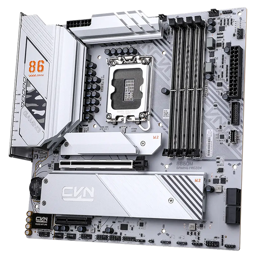 Colorful CVN B860M GAMING FROZEN V20 Wi-Fi 6 Intel B860 LGA1851 DDR5 mATX Motherboard top view showing DDR5 DIMM slots, PCIe slot and M.2 heatsinks -tpstech.in