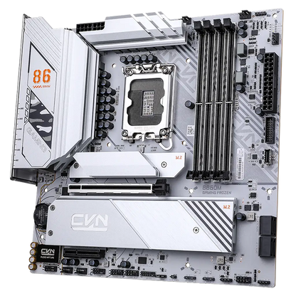 Colorful CVN B860M GAMING FROZEN V20 Wi-Fi 6 Intel B860 LGA1851 DDR5 mATX Motherboard top view showing DDR5 DIMM slots, PCIe slot and M.2 heatsinks -tpstech.in