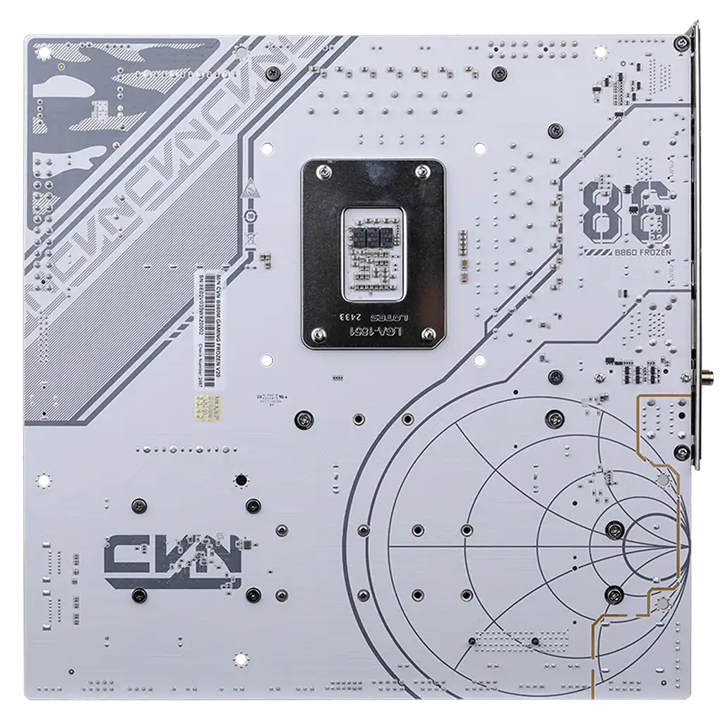 Colorful CVN B860M GAMING FROZEN V20 Wi-Fi 6 Intel B860 LGA1851 DDR5 mATX Motherboard back PCB view with LGA1851 socket backplate and circuit layout -tpstech.in