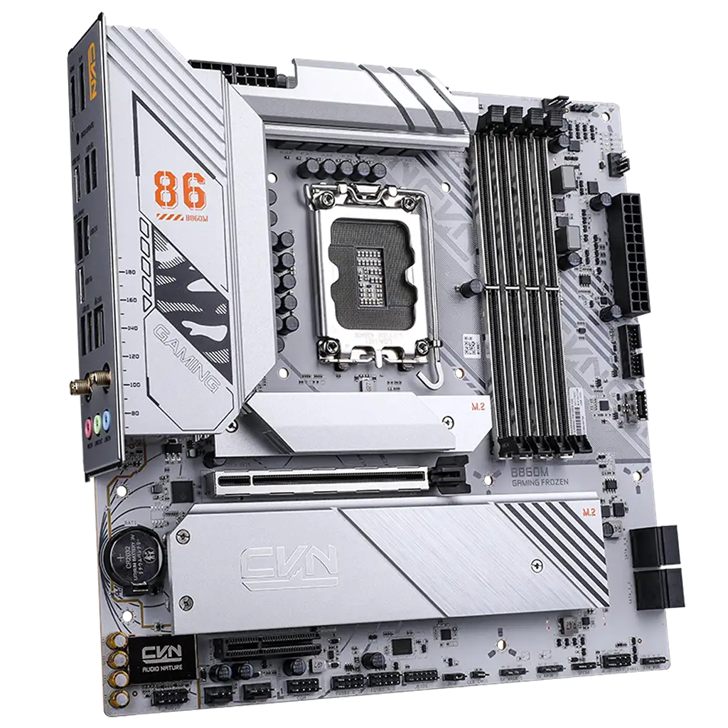 Colorful CVN B860M GAMING FROZEN V20 Wi-Fi 6 Intel B860 LGA1851 DDR5 mATX Motherboard front perspective view with VRM heatsinks, DDR5 slots and PCIe x16 slot -tpstech.in