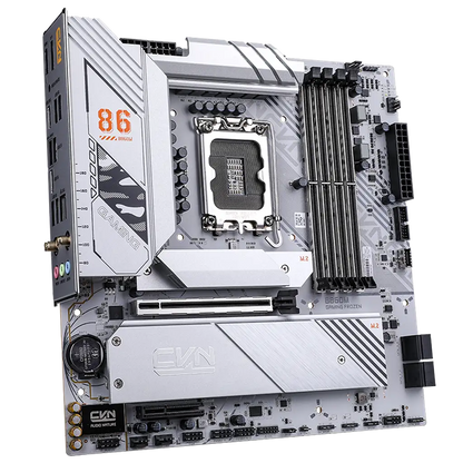 Colorful CVN B860M GAMING FROZEN V20 Wi-Fi 6 Intel B860 LGA1851 DDR5 mATX Motherboard front perspective view with VRM heatsinks, DDR5 slots and PCIe x16 slot -tpstech.in