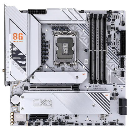 Colorful CVN B860M GAMING FROZEN V20 Wi-Fi 6 Intel B860 LGA1851 DDR5 mATX Motherboard front top view featuring LGA1851 CPU socket, dual M.2 heatsinks and DDR5 memory support -tpstech.in