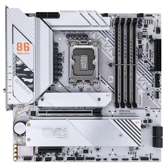 Colorful CVN B860M GAMING FROZEN V20 Wi-Fi 6 Intel B860 LGA1851 DDR5 mATX Motherboard front top view featuring LGA1851 CPU socket, dual M.2 heatsinks and DDR5 memory support -tpstech.in
