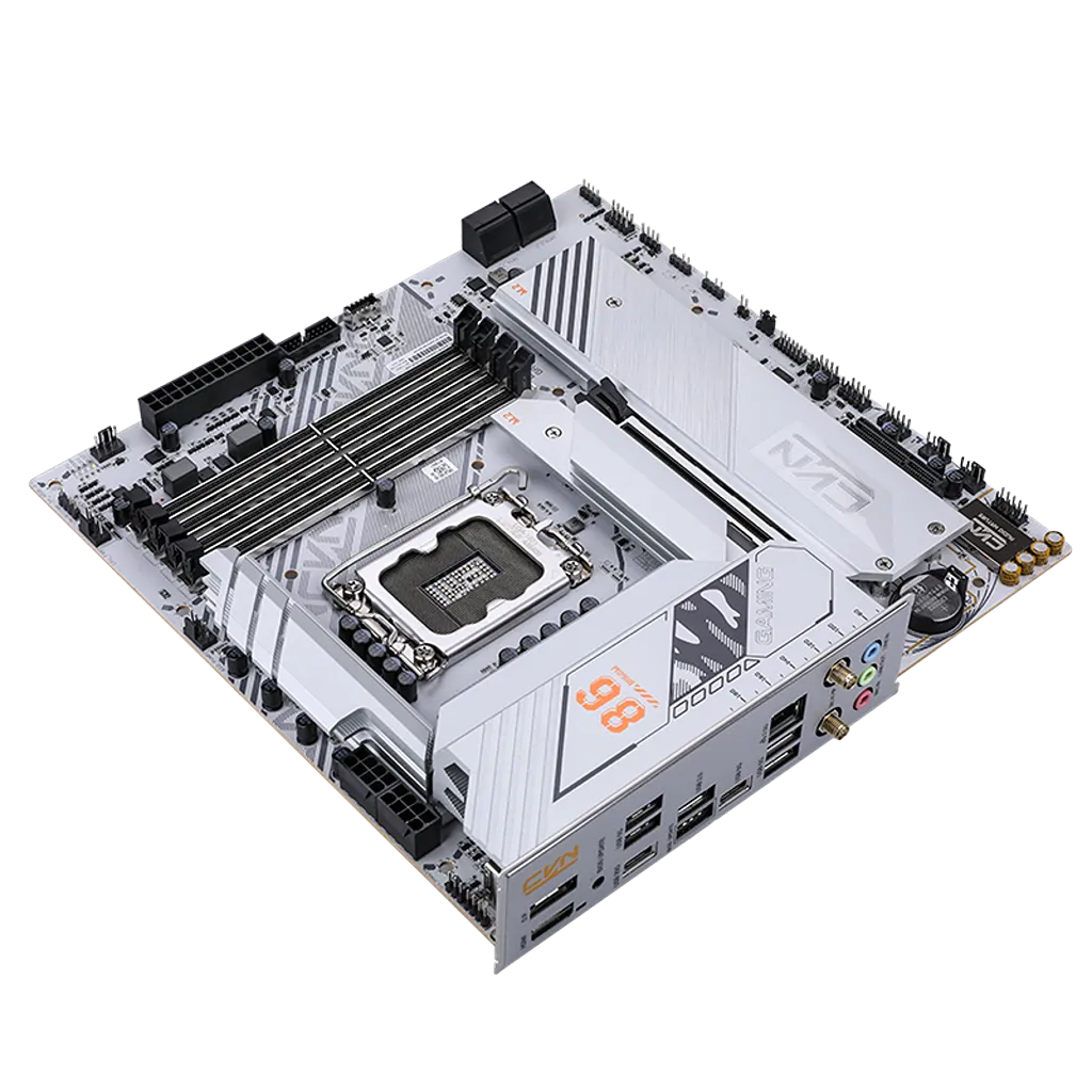 Colorful CVN B860M GAMING FROZEN V20 Wi-Fi 6 Intel B860 LGA1851 DDR5 mATX Motherboard left angled view with premium heatsinks and PCIe expansion slot -tpstech.in