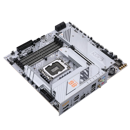 Colorful CVN B860M GAMING FROZEN V20 Wi-Fi 6 Intel B860 LGA1851 DDR5 mATX Motherboard left angled view with premium heatsinks and PCIe expansion slot -tpstech.in