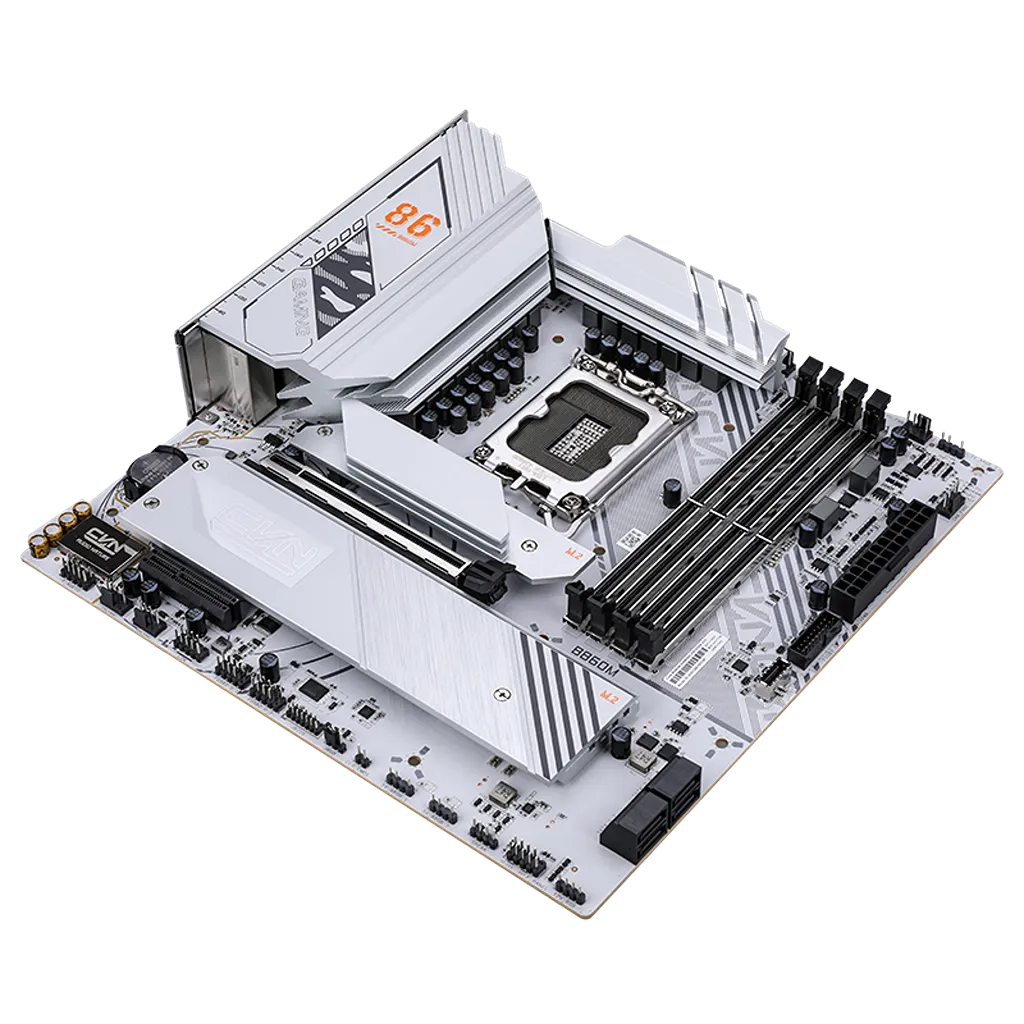 Colorful CVN B860M GAMING FROZEN V20 Wi-Fi 6 Intel B860 LGA1851 DDR5 mATX Motherboard right angled view highlighting M.2 heatsinks, DDR5 memory slots and expansion slots -tpstech.in