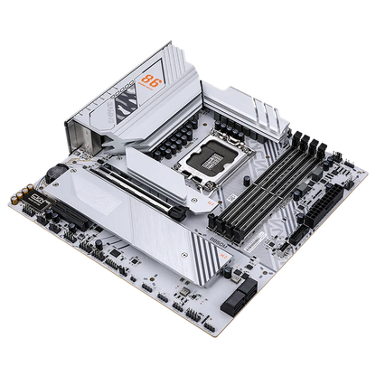 Colorful CVN B860M GAMING FROZEN V20 Wi-Fi 6 Intel B860 LGA1851 DDR5 mATX Motherboard right angled view highlighting M.2 heatsinks, DDR5 memory slots and expansion slots -tpstech.in
