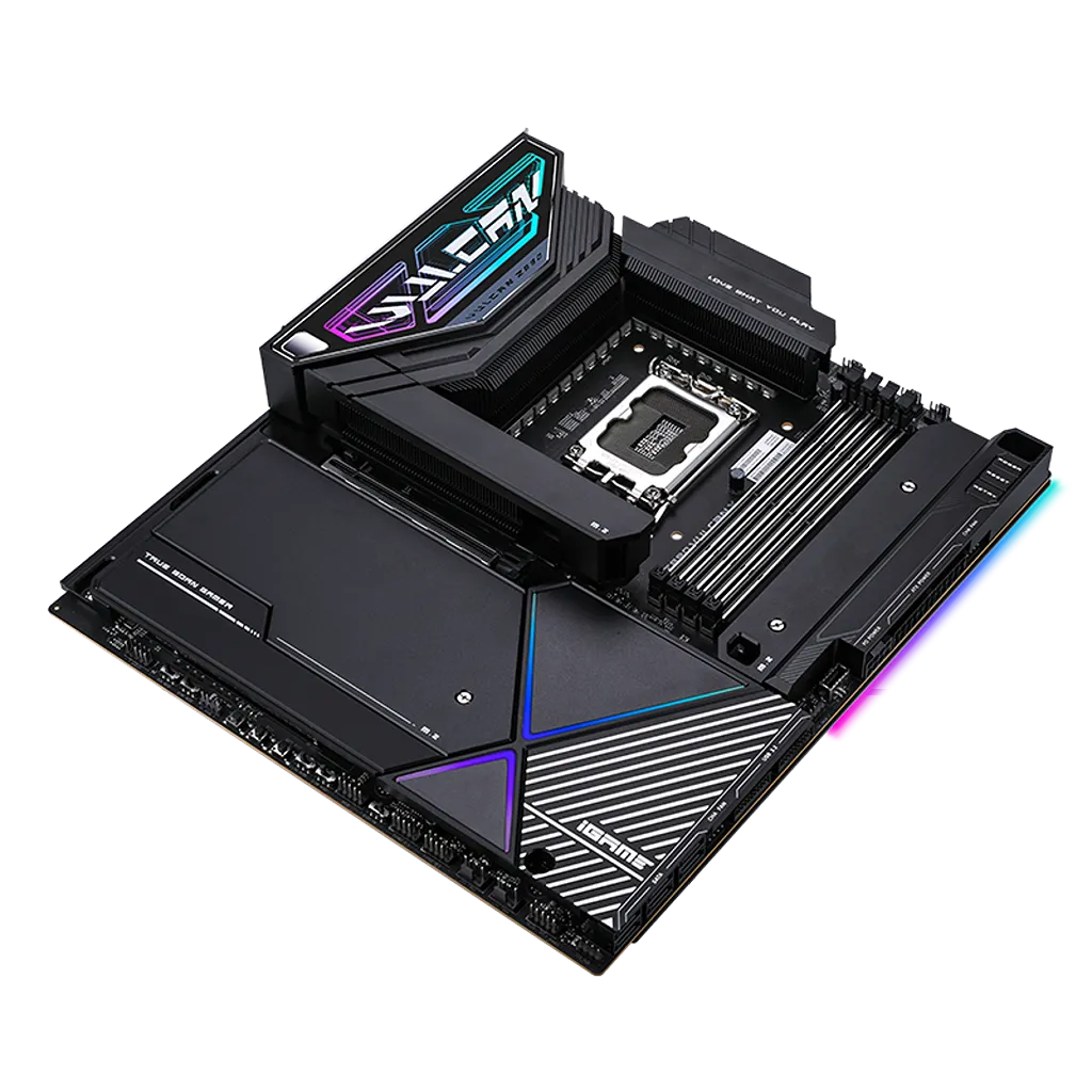 Colorful iGame Z890 VULCAN X V20 Intel Z890 DDR5 WiFi 7 motherboard front angled view showing premium heatsinks and RGB design -tpstech.in