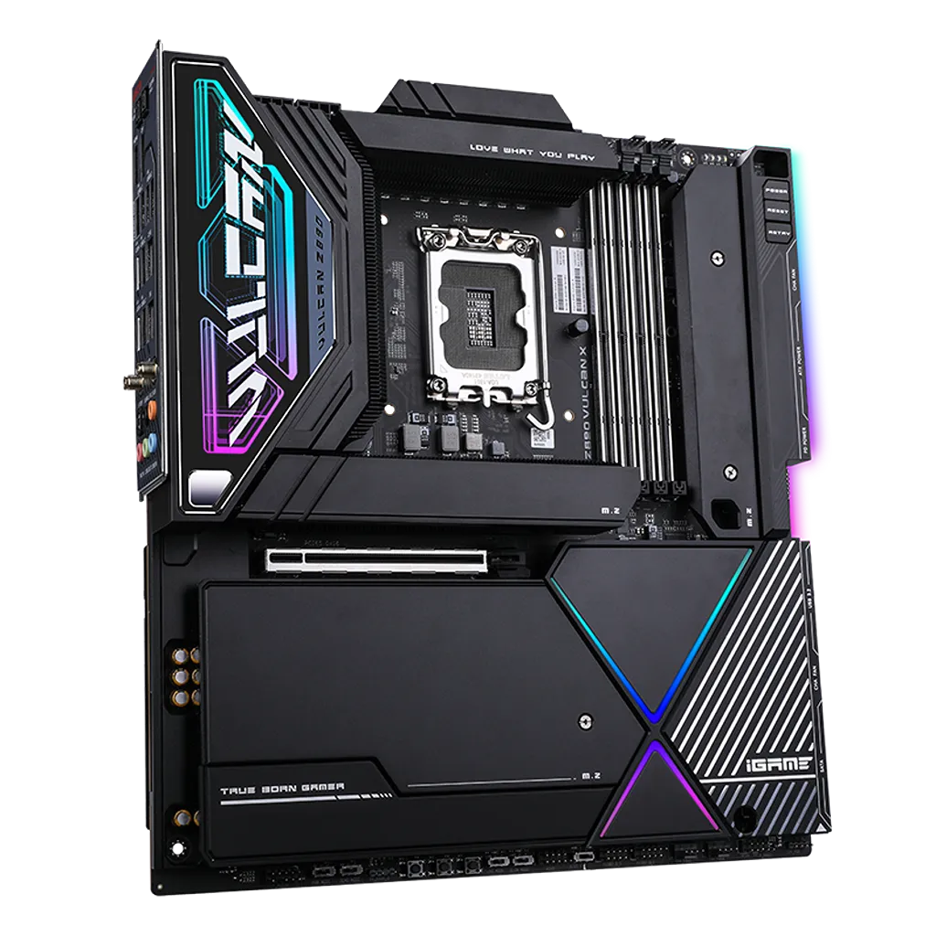 Colorful iGame Z890 VULCAN X V20 premium Intel Z890 gaming motherboard perspective view with RGB heatsinks and PCIe 5.0 expansion -tpstech.in