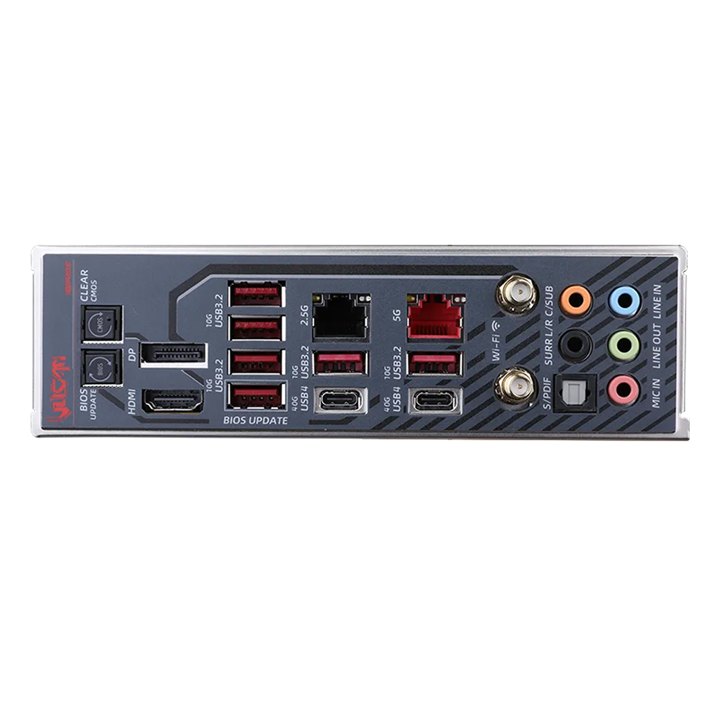 Colorful iGame Z890 VULCAN X V20 motherboard rear I/O panel featuring USB4, HDMI, DisplayPort, dual LAN, WiFi 7, and audio ports -tpstech.in