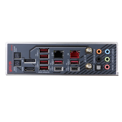 Colorful iGame Z890 VULCAN X V20 motherboard rear I/O panel featuring USB4, HDMI, DisplayPort, dual LAN, WiFi 7, and audio ports -tpstech.in