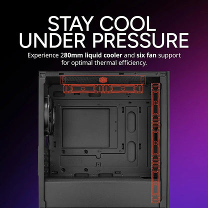 Fan and liquid cooling layout schematic of Cooler Master Elite 301 Lite with 280mm radiator and six fan support -tpstech.in