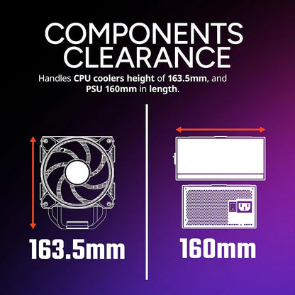 Component clearance diagram for Cooler Master Elite 301 Lite supporting 163.5mm CPU coolers and 160mm PSUs -tpstech.in