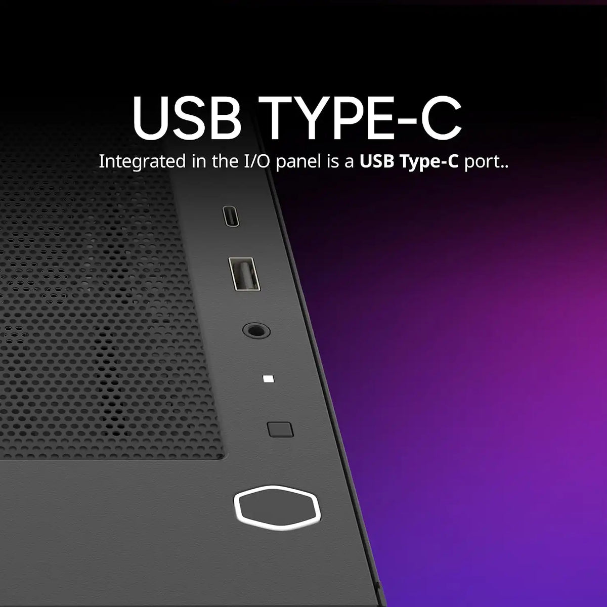 Detailed close up of top front I/O panel on Cooler Master Elite 301 Lite featuring integrated USB Type-C port -tpstech.in