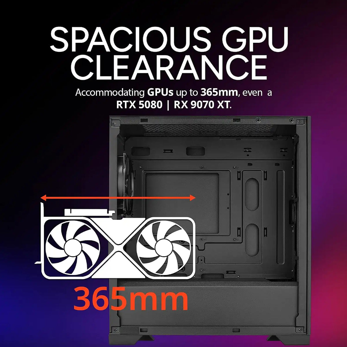 Spacious interior graphic of Cooler Master Elite 301 Lite demonstrating 365mm graphics card GPU clearance -tpstech.in