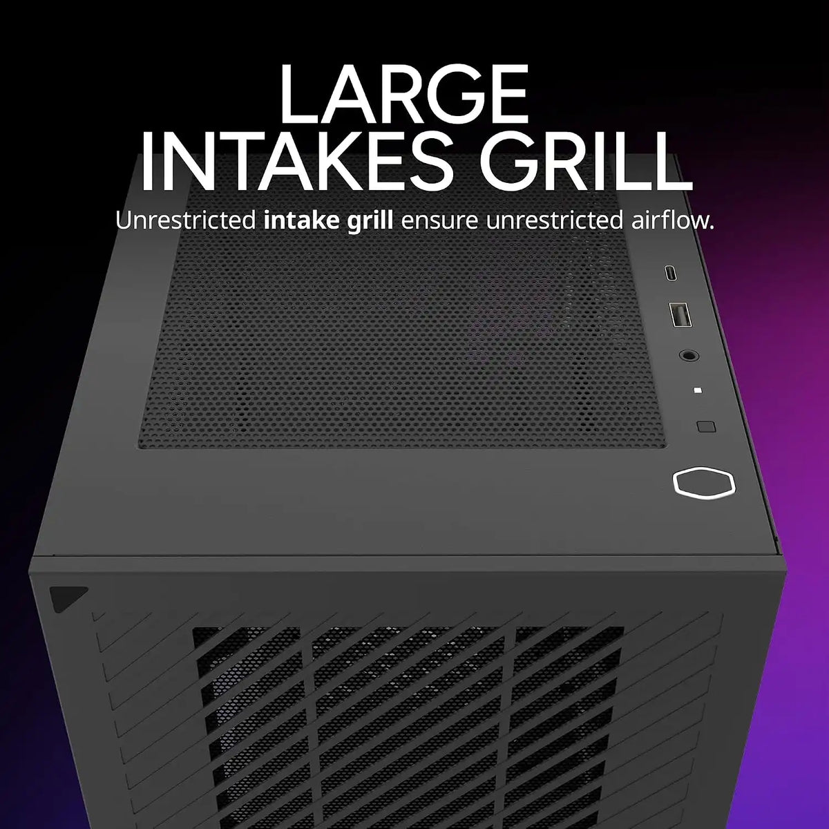 Top angle view of Cooler Master Elite 301 Lite computer case showcasing the large mesh intake ventilation grill -tpstech.in