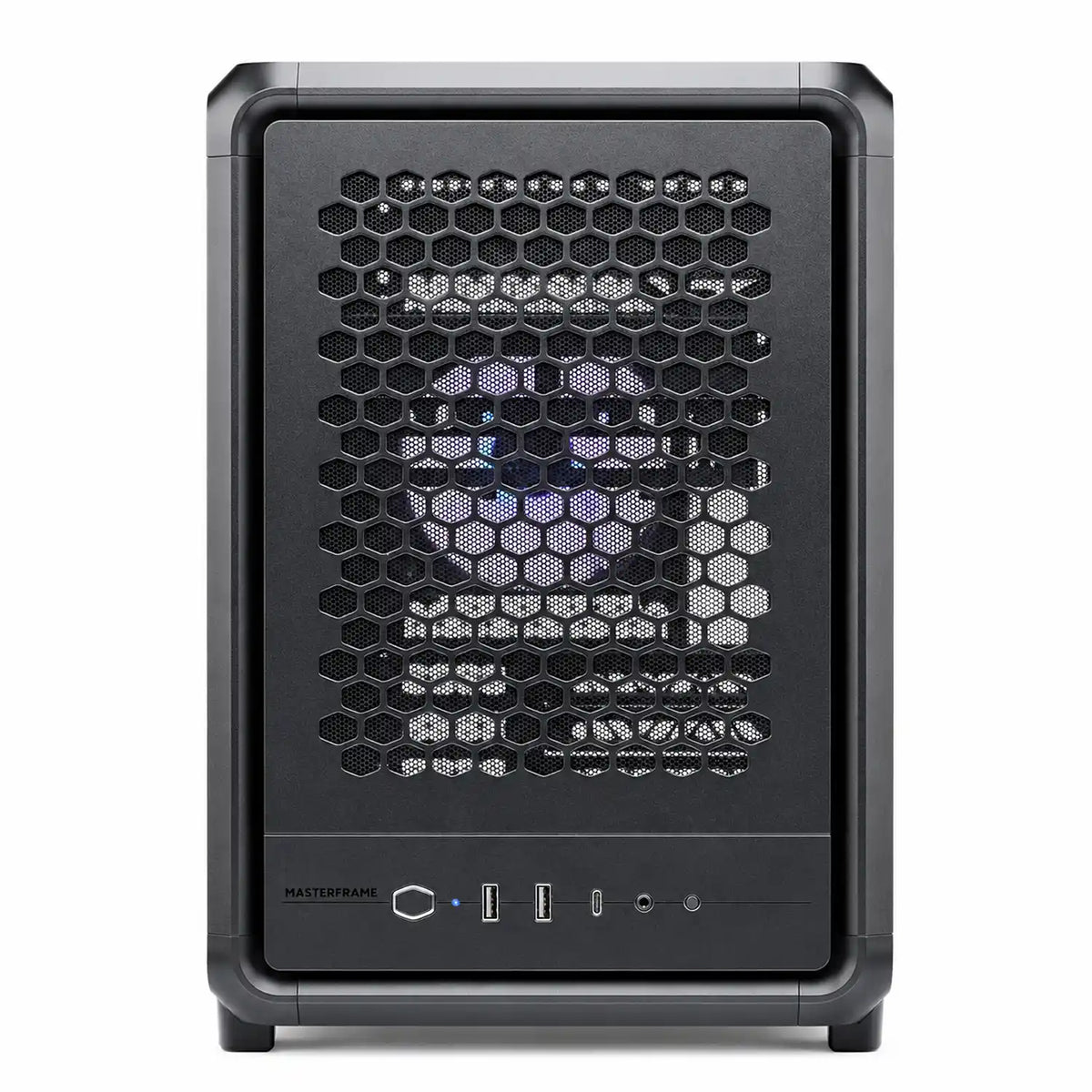 Cooler Master Master Frame 400 Mesh Tempered Glass Micro-ATX Open-Frame PC Case front mesh panel and I/O ports view -tpstech.in