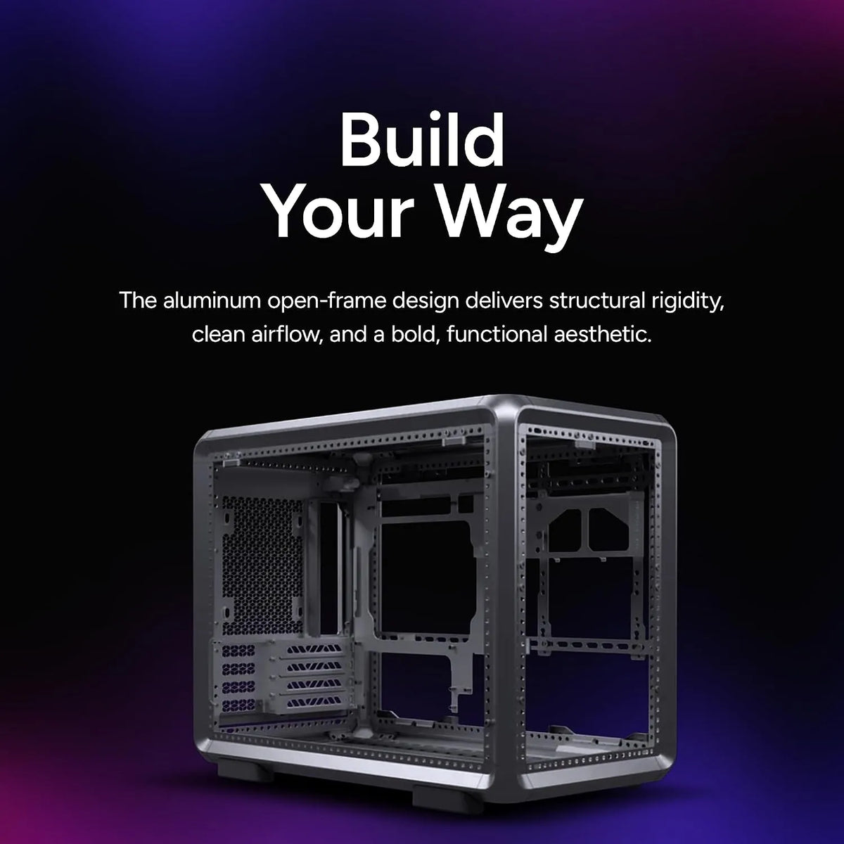 Cooler Master Master Frame 400 Mesh tempered glass Micro-ATX open-frame PC case showing aluminum open-frame build design and dual chamber layout -tpstech.in