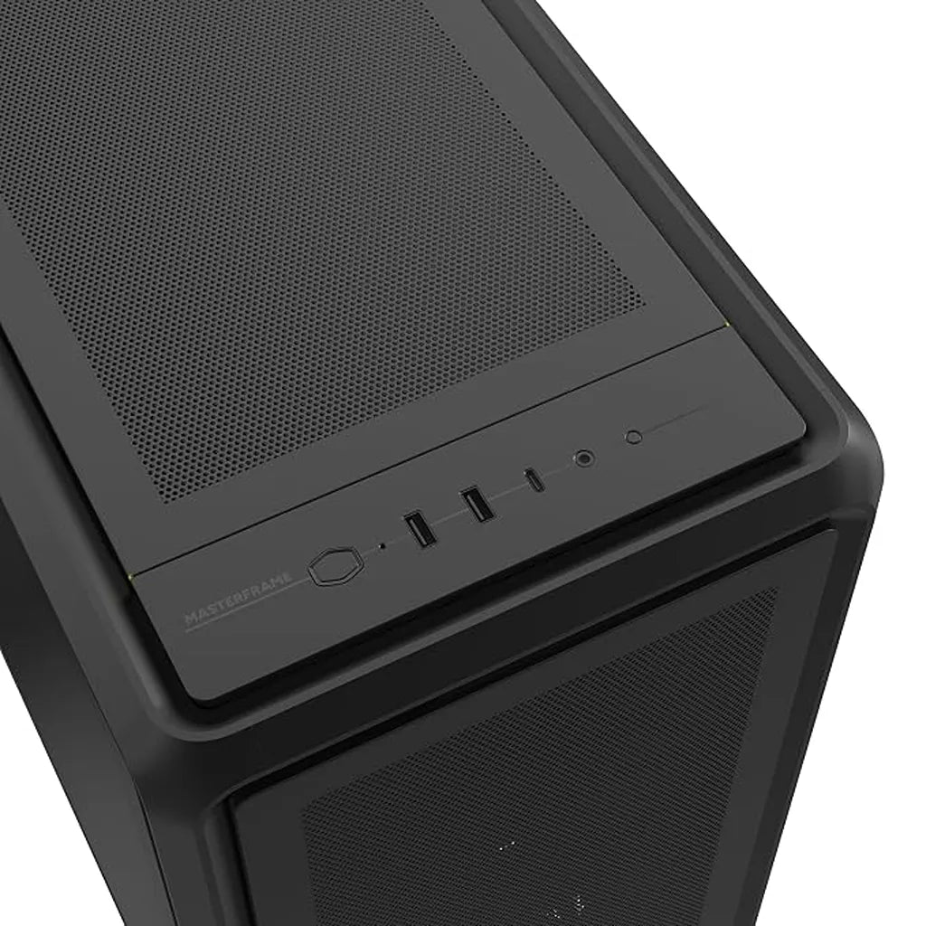 Cooler Master MasterFrame 600 Mesh ARGB Open-Frame E-ATX Mid Tower PC Case Black top I/O panel featuring USB ports, audio jack and power button close-up -tpstech.in