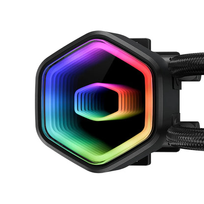 Cooler Master MasterLiquid 360 Core II ARGB Liquid CPU Cooler Black ARGB pump block with braided cooling tubes close-up -tpstech.in