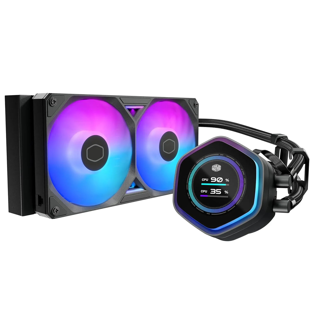 Cooler Master MasterLiquid Atmos II 240mm LCD ARGB AIO liquid CPU cooler pump radiator and sleeved tubes -tpstech.in
