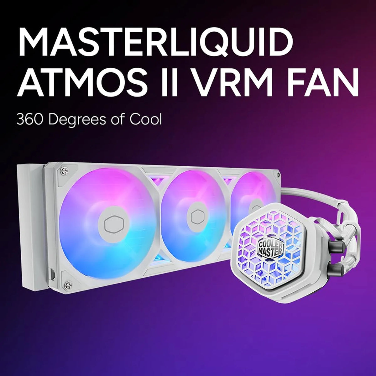 Cooler Master MasterLiquid Atmos II 360mm White AIO CPU cooler VRM fan with 360-degree cooling -tpstech.in